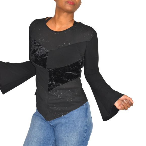 Vintage Ludmilla Bell Sleeve Top Black Velvet Sparkle Y2K France Patchwork Small - Picture 16 of 16